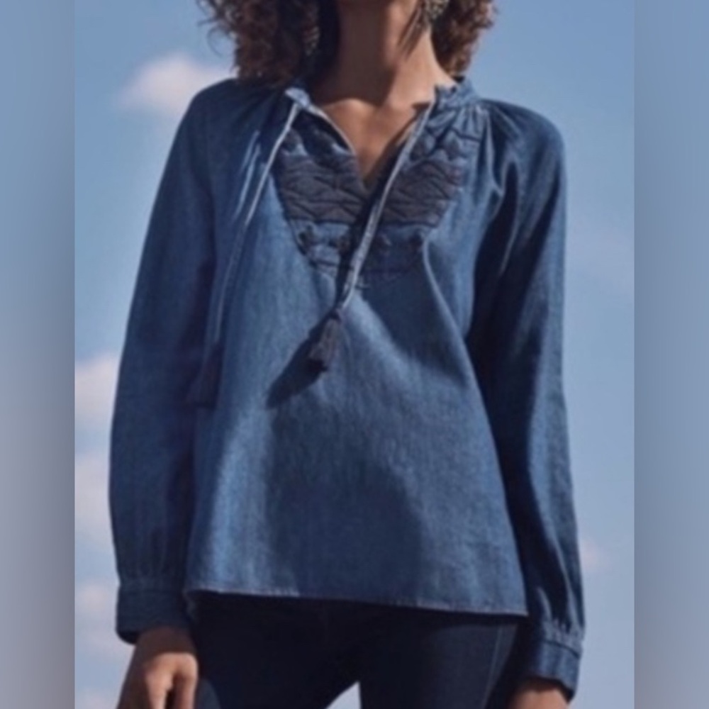 Anthropologie Ne Quittez Pas Hallie Chambray embroidered blouse Tassels Size Sm